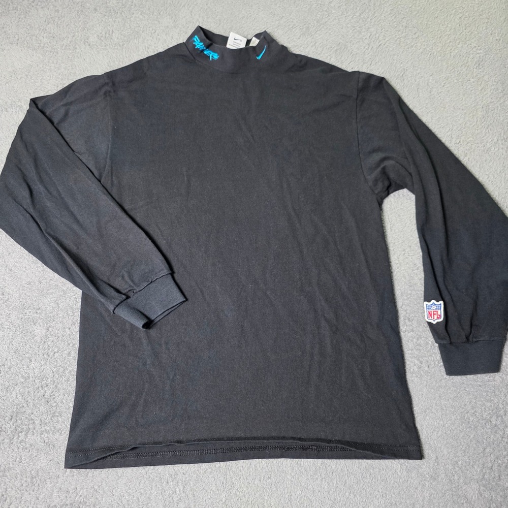 Nike Mens M Carolina Panthers Mock Neck Long Sleeve Shirt Black NFL Vintage USA